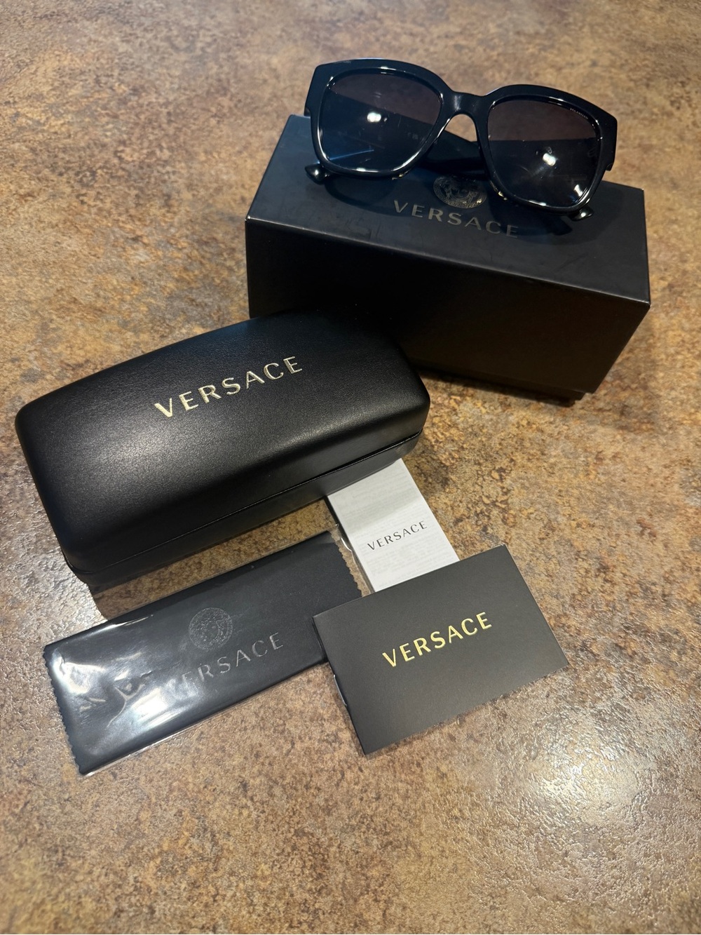 Versace Unisex Black Designer Sunglasses with Gold Logo Accents